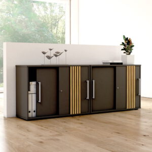 Büro-Sideboard mit Schiebetüren in anthrazit, abschließbar, 2 Ordnerhöhen, Stahlfachböden, Paneel in Eiche hell, moderner Büroschrank für Homeoffice.